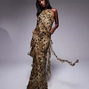 Asymmetric frill detail maxi dress in leopard print